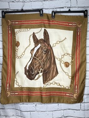 Roger Laurent Paris Equestrian Scarf Olive Red Cream Horse Derby Bridle 29 X 31